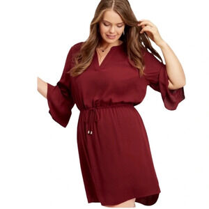Maurices Wine Red V-Neck Tie Waist Flare Bell Sleeve Dress Size XS